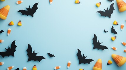 A top view of an empty 3D Halloween scene with black cat silhouettes, bats, and candy corn on a light blue background