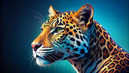 A stylized, vibrant illustration of a majestic jaguar's head in profile, with intricate fur texture and whiskers, set