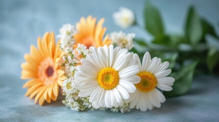 Fototapeta premium Close-up of a Delicate Bouquet of Daisies and Gerberas