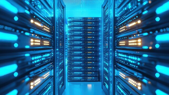 Server Room with Blue and Yellow Lights