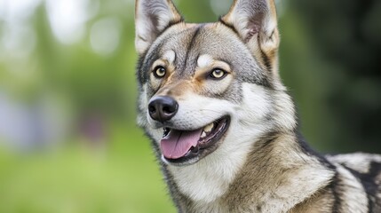 Fototapeta premium Close up Portrait of a Wolfdog with Green Blurred Background
