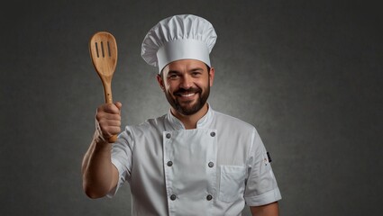 Naklejka premium Smiling chef in uniform holding a wooden spatula, confident pose