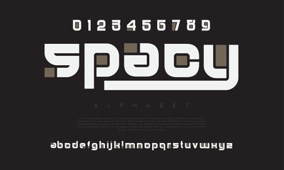 Obraz premium Spacy creative modern geometric urban alphabet font. Digital abstract futuristic, game, techno, robot, music, logo, sport, minimal technology typography. Simple numeric vector illustration