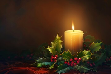 A lit candle surrounded by holly leaves and berries, enhancing warmth and hope during the Christmas season