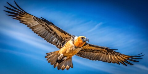 Obraz premium Majestic bearded vulture soars effortlessly against a brilliant blue sky, its outstretched wings glistening in the warm
