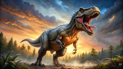 A vibrant, digitally painted illustration of a fierce Tyrannosaurus Rex standing proudly, showcasing its powerful legs,