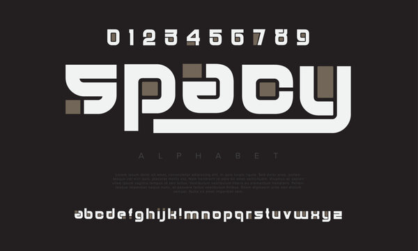 Spacy creative modern geometric urban alphabet font. Digital abstract futuristic, game, techno, robot, music, logo, sport, minimal technology typography. Simple numeric vector illustration