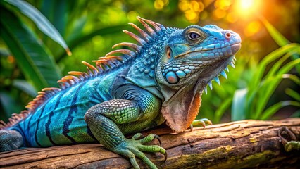 Obraz premium A vibrant, majestic full-grown blue iguana perches on a tree branch, its scaly skin glistening in the sunlight,