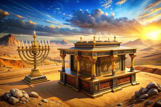 A vibrant, intricately detailed illustration depicts the ancient Israelite tabernacle, complete with golden