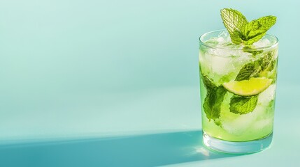 Refreshing Mint Mojito Cocktail with Lime in Glass on Blue Background