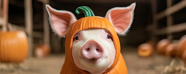 A cute pig in a pumpkin costume happily poses among pumpkins in a cozy barn setting, capturing the essence of fall festivities.