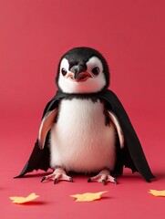 Fototapeta premium A cute penguin dressed in a cape poses playfully against a vibrant red background, surrounded by colorful decorations.