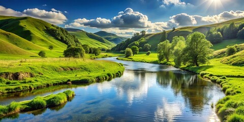 Serene river flowing through lush green hills on a sunny day