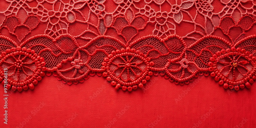 Wall mural Close up of red lace on red background with intricate details