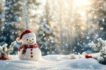 Cheerful snowman in a snowy landscape surrounded by festive cheer, welcoming Christmas and the New Year with a winter wonderland vibe
