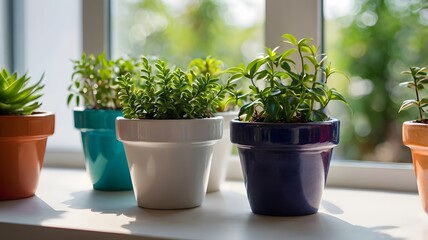 Fototapeta premium Colorful flower and fresh herbs in a pot against a white background