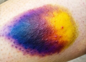 Fototapeta premium A vivid, gradient-colored illustration of a bruise in various stages of healing, showcasing purple, blue, and yellow
