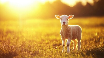 Naklejka premium Adorable Lamb Standing in Glowing Pastoral Field at Sunset