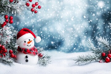A cheerful snowman wearing a red hat stands amidst snowy ground and evergreen branches during a winter Christmas celebration