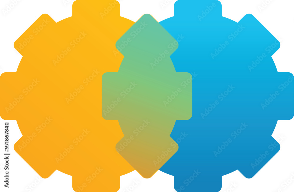 Poster two colored gears interlocking representing teamwork and cooperation for a successful business devel