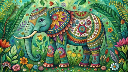 A whimsical, hand-drawn elephant illustration with intricate patterns, vibrant colors, and playful expressions,