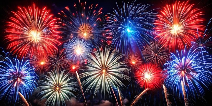 Red, white, and blue fireworks burst forth against a dark night sky, illuminating Independence Day celebrations.