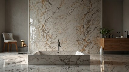 Luxurious bathroom with innovative sunken bathtub and gold accents.