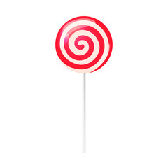 Lollipop isolated vector illustration. Round red and white Christmas candy on stick. Traditional swirl dessert, spiral sweet treat