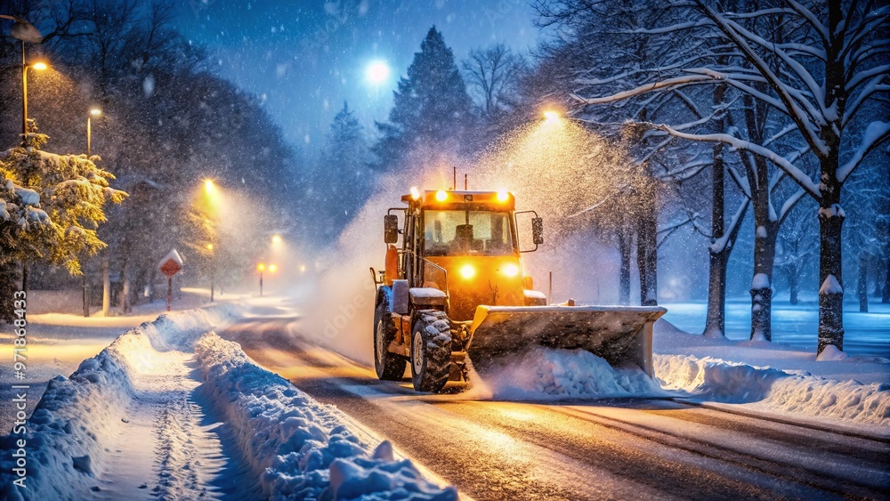 Wall mural snow removal vehicle clearing snow on a road during heavy snowfall at night