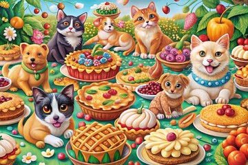 Fototapeta premium A whimsical illustration of 100 colorful pies surrounded by playful animals, including cats, dogs, and birds, all