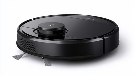 Black Robotic Vacuum Cleaner with Side Brushes on White Background
