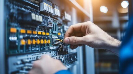 A man in a blue shirt and safety glasses works on an electrical panel.