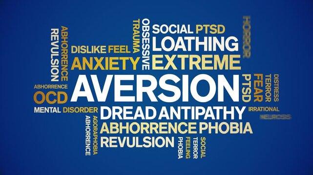 Aversion animated word cloud;text design animation tag kinetic typography seamless loop.