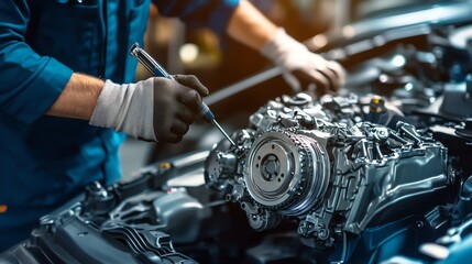 Obraz premium A mechanic works on a car engine.