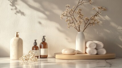 Tranquil Spa Inspired Vanity with Natural Cosmetics and Flowers