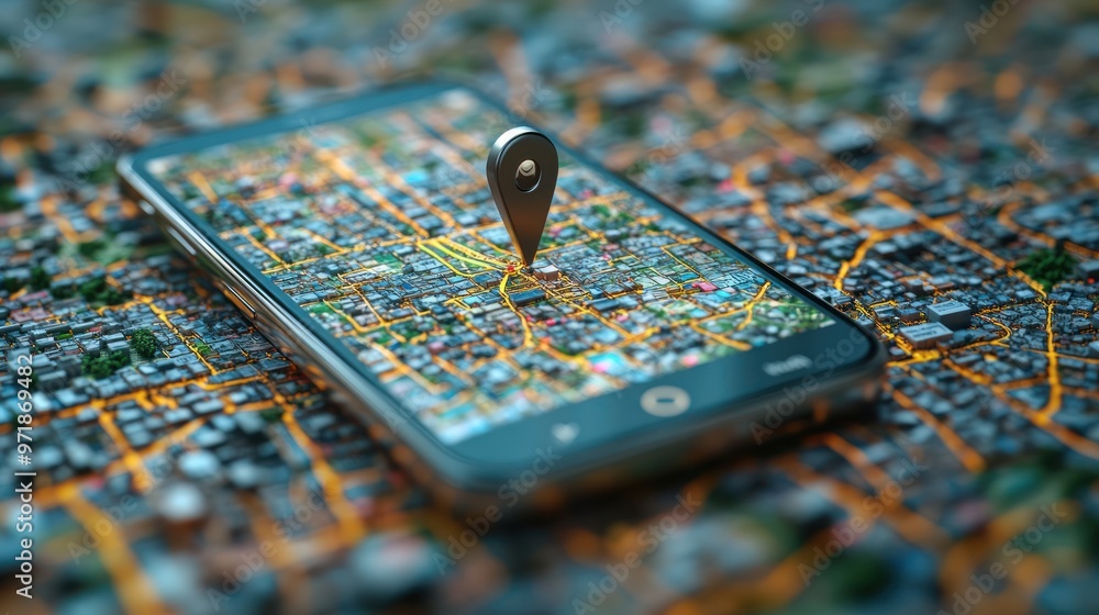 Poster smartphone displaying a map with a location pin on a city layout.