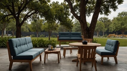 Obraz premium Modern outdoor garden furniture set with wooden table and chairs.