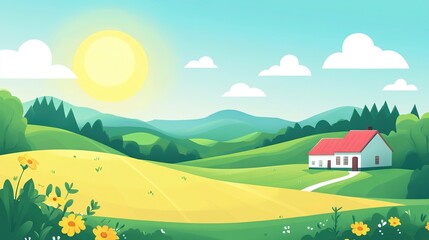 Fototapeta premium A Sunny Day in a Rolling Green Hills Landscape with a House and Flowers