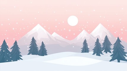 Naklejka premium A Snowy Mountain Landscape with Pine Trees and a Pink Sky