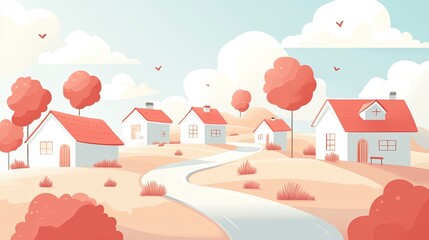 A Winding Road Through a Quaint Village with Red-Roofed Houses