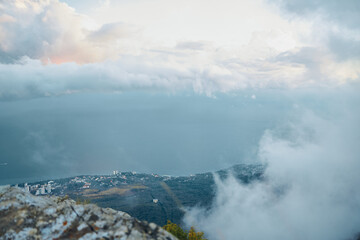 Scenic Ocean View from Mountain Top with Clouds in Sky Serene Landscape Shot for Travel and Nature Enthusiasts