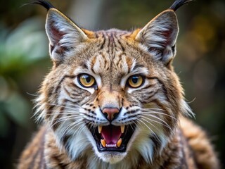 Obraz premium Close-up of a fierce bobcat baring its teeth, eyes fixed in an intense stare, its tawny fur fluffed
