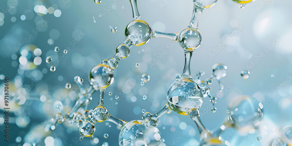 Wall mural molecule structure in a liquid, chemical bond model with water drops, shimmering blue molecular stru