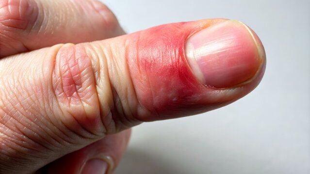 Close-up of a painful-looking pinky finger bent at an awkward angle, with reddened skin and subtle swelling, conveying