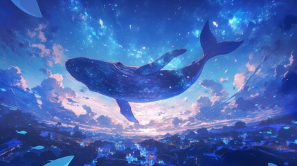 A beautiful whale swimming through a dreamlike sky, the stars and clouds beneath creating an otherworldly and tranquil ambiance