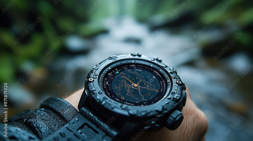 Aufkleber a close-up of a rugged watch displaying a map near a stream.