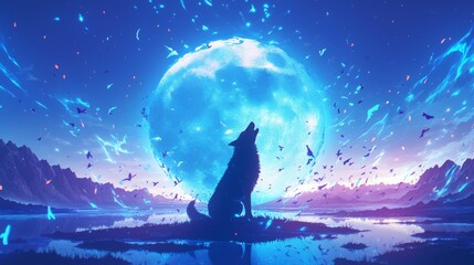 A powerful wolf howls at the neon moon, electric blue energy emanating from its fur, lighting up the surrounding night in a mystical scene