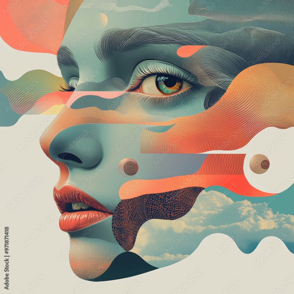 Poster abstract portrait with geometric shapes lines and clouds
