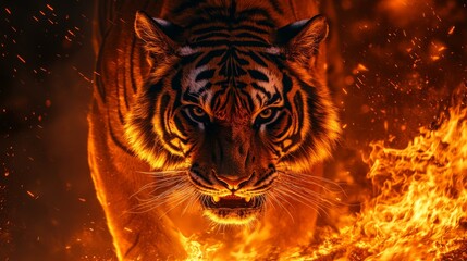 A tiger prowls through a fiery landscape, its molten lava-like stripes glowing with a fierce, molten heat © AvectStock