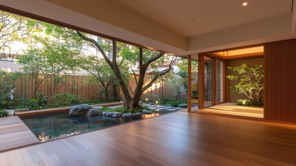 Obraz premium Modern Japanese Home Interior with View of Garden and Pond